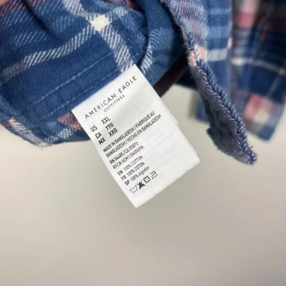 American Eagle Men's Super Soft Flannel Button Down Shirt XXL Blue Pink Plaid - Picture 7 of 7